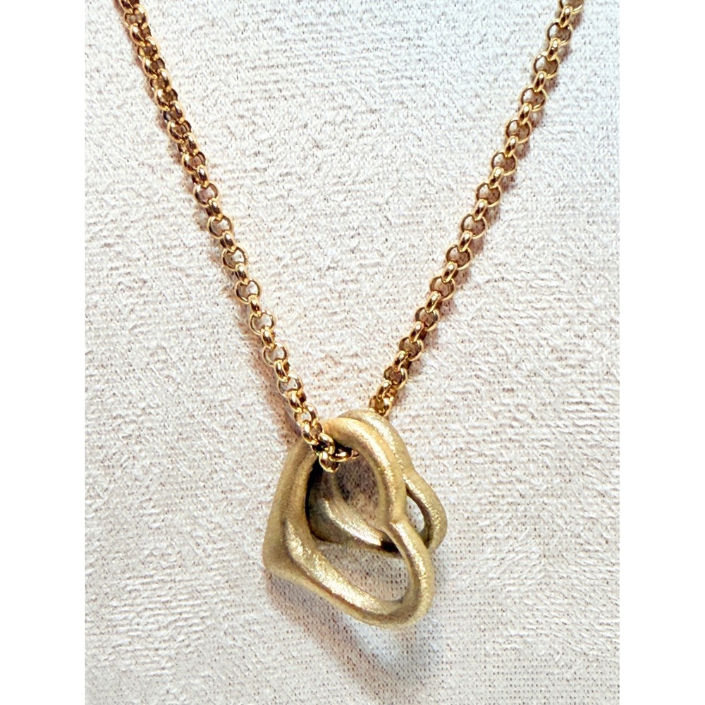 Rivka Friedman Double Heart Necklace Brushed Gold Tone Signed RF 17 Inch